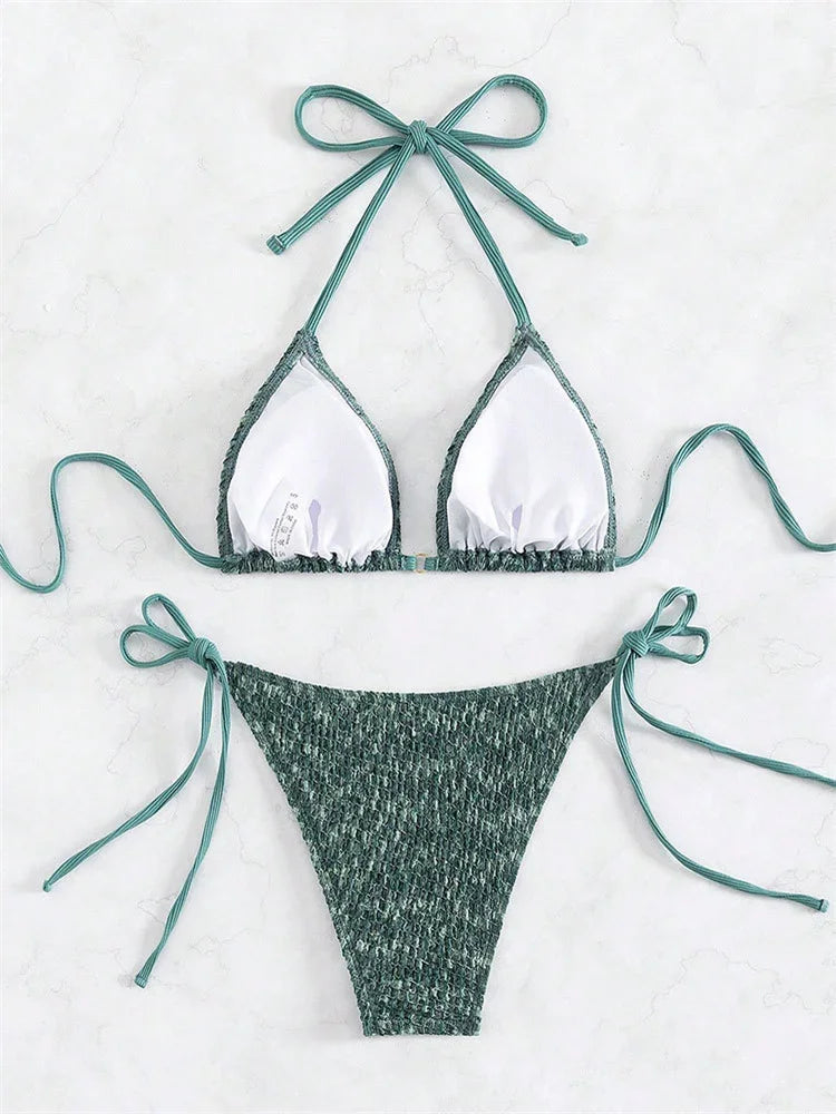 Sexy Green 2 Piece Bikinis Sets Women Halter Metal Stap Push Up Swimsuit 2024 Summer Lace Up Beach Bathing Suit Thong Swimwear