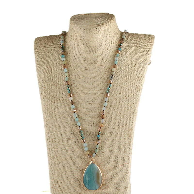 Fashion Bohemian Jewelry Accessory 6mm Stone/Glass Knotted Stone Drop Pendant Necklaces Women Beaded Necklace