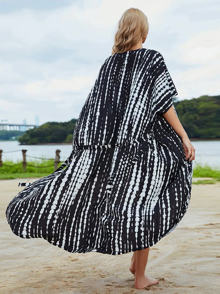 2023 Bikini Cover-ups Black Retro Striped Self Belted Women Summer Clothing Kimono Dress Beach Wear Swim Suit Cover Up Q1225