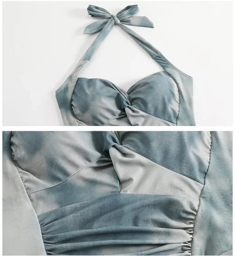 New Tenderness Sweet Cute Blue Halter Bikinis Swimsuit Aesthetics Fashions Slim Onsen Conservative Swimwear Bikinis Set