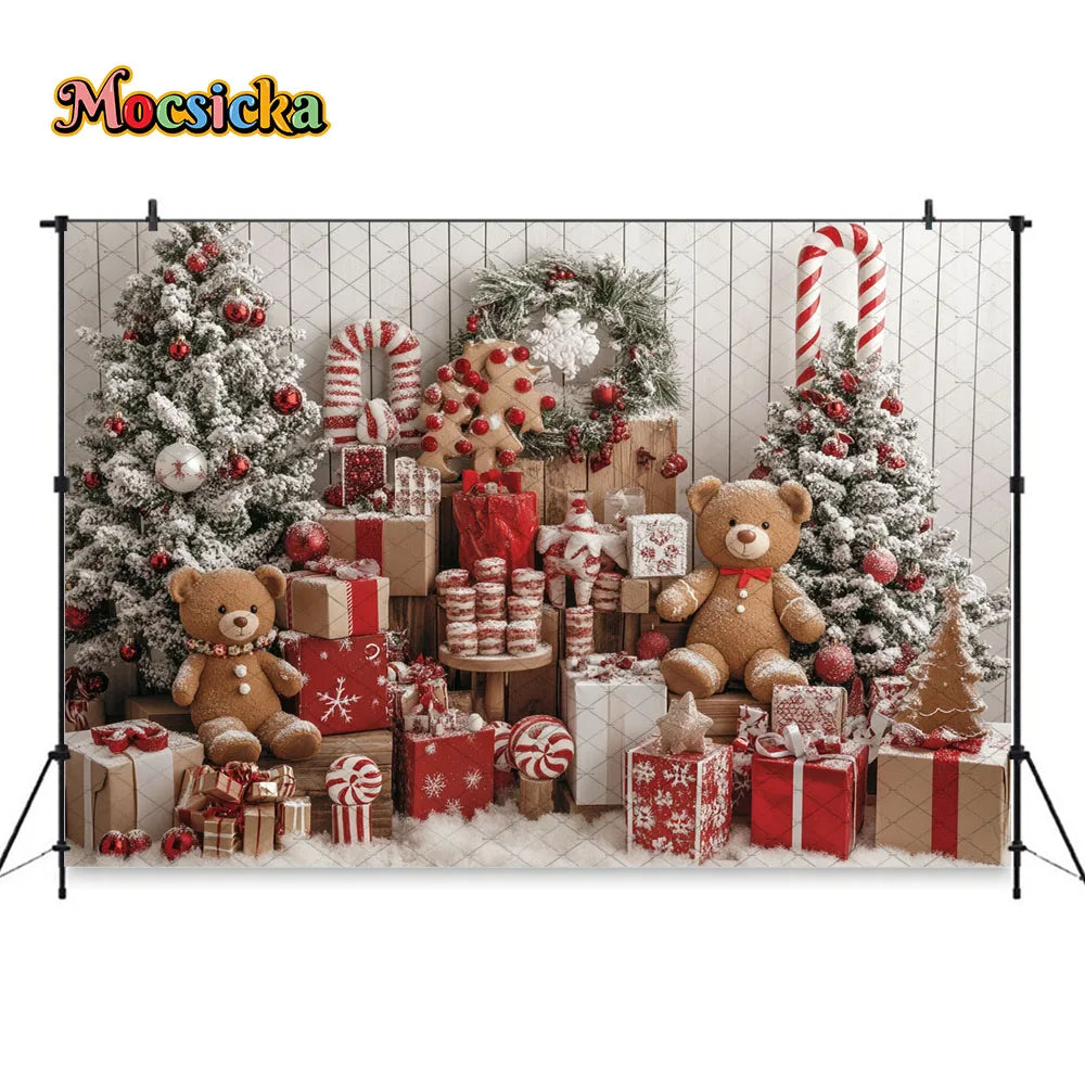 Mocsicka Christmas Gift Room Background for Winter Kid Photography Xmas Tree Gingerbread Man Snowy Backdrop Decor Photo Studio