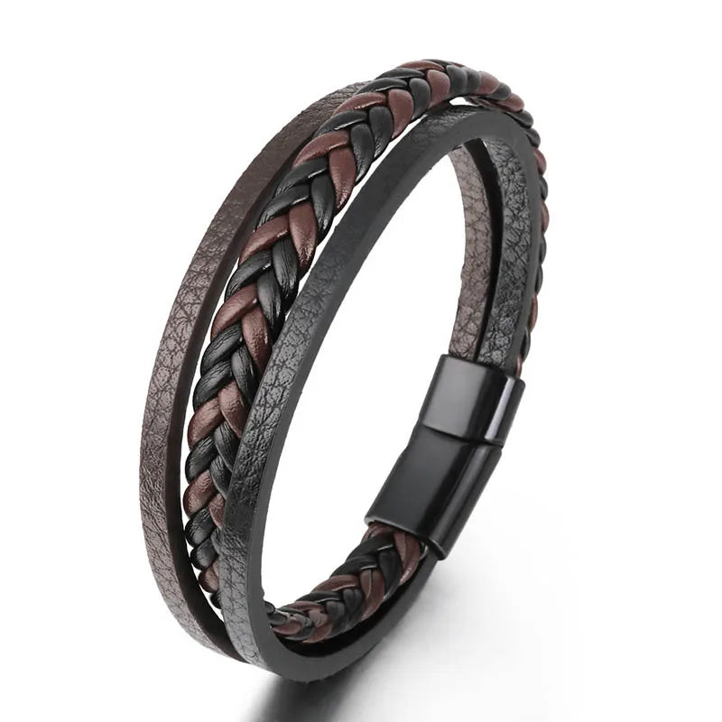 Vintage Genuine Leather Bracelet for Men Handmade Woven Bracelet Magnetic Clasp Wrap Bracelet Homme Hand Jewelry Accessories New