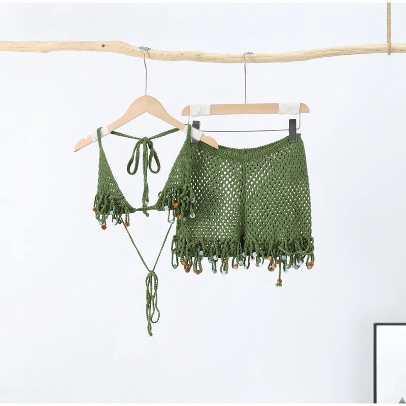 Sexy Beach Knit Women's Sets Crochet Flower Bikini Mini Skirt Female Suits 2025 Summer Halter Sleeveless Backless Top Skirts Set