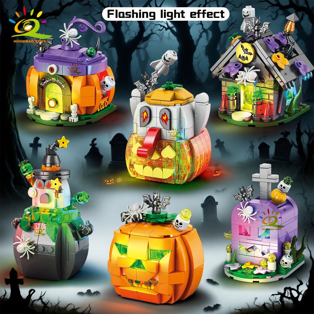 HUIQIBAO Halloween Wizard Cat Dog Ghosts Pumpkin Houses Model Building Block DIY Haunted House Bat Bricks Toys for Adult Gift