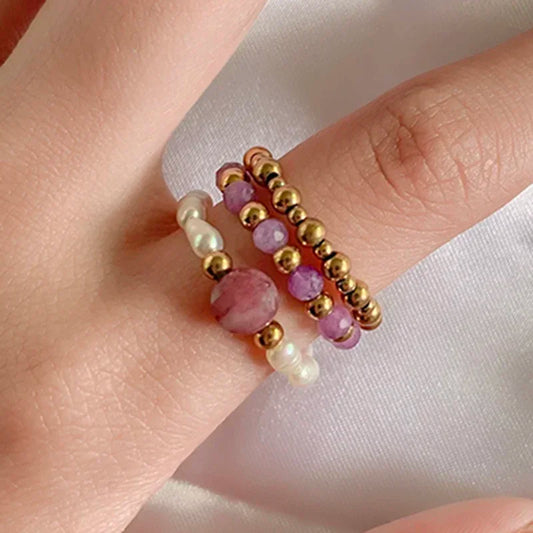 Boho Purple Tourmaline Ring Sets For Wedding Fashion Handmade Jewelry Freshwater Pearl Women Rings Stainless Steel