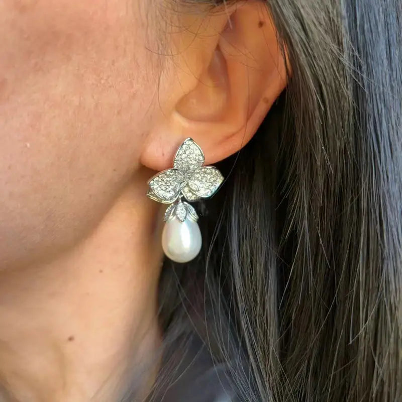 Bilincolor Purple Flower and Pearl Earring for Women Fashion Jewelry