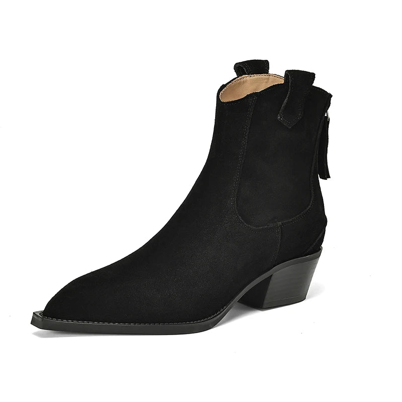 2025 Autumn Winter Trend Cow Suede Women Western Boots Black Brown Khaki Purple Green Burgundy Pointed Toe Ladies Ankle Boots