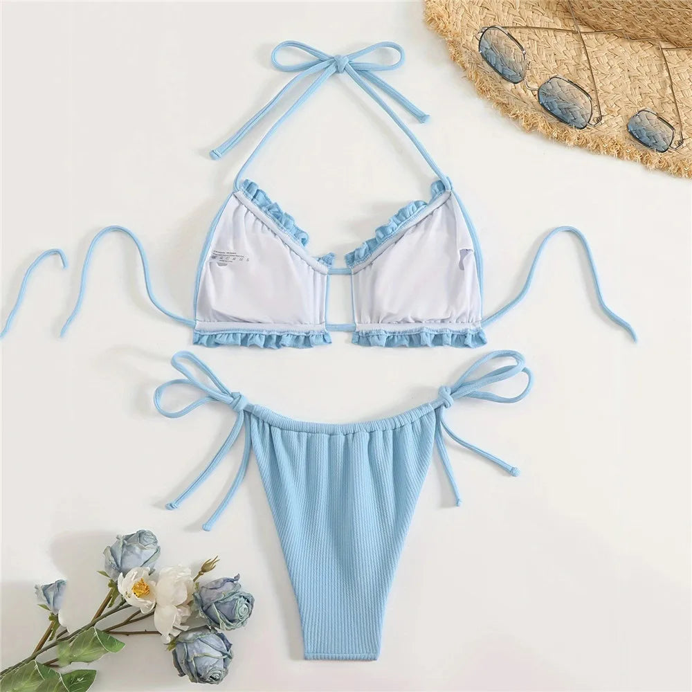 Light Blue Ribbed String Halter Swimwear Ruffled Bandeau Bikinis Sets Micro Thong Swimsuit Woman 2025 Bathing Suit Bikini Dames