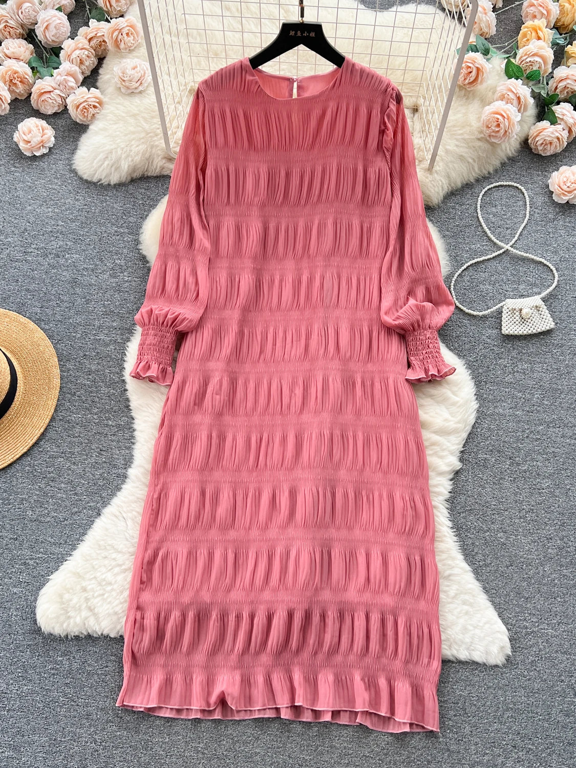 Autumn Vintage Women Draped Loose Midi Dress Elegant Round Collar Puff Long Sleeve Robe Casual Yellow/Burgundy/Green Vestido New