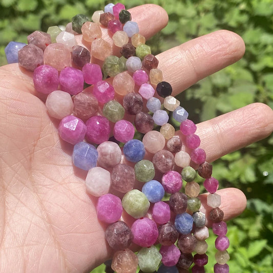 6-10mm Natural Faceted Colorful Tourmaline Loose Beads for Jewelry Making DIY Bracelet Necklace Accessories