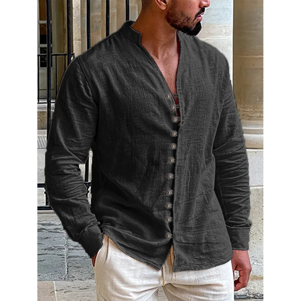 Men's Multi-buttons Shirts Cotton Linen Hawaiian Beach Shirt Long Sleeves Stand Collar Lightweight Breathable Men's Shirt