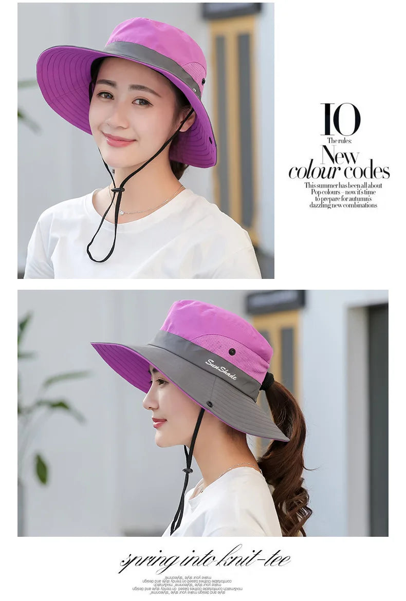 Women Summer Adjustable Bucket Hat with a Ponytail Hole Girls Sun Protection Hiking Cap Parent-child Outdoor Wide Brim Headgear