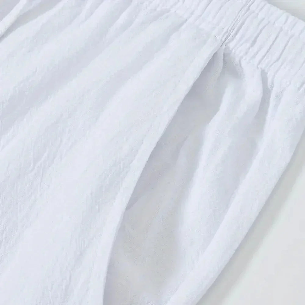 Men's Pants Solid Color Elastic Pockets Drawstring Long Pant Breathable Cotton Linen Trousers Casual Men's Clothing Streetwear