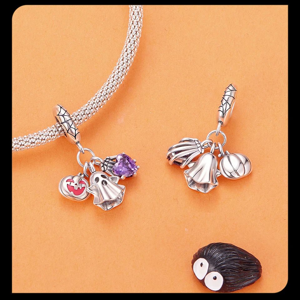 BISAER 925 Sterling Silver Halloween Skull & Pumpkin Charm Bead Pumpkin Cat Magic Crystal Pendant for Women DIY Bracelet Jewelry