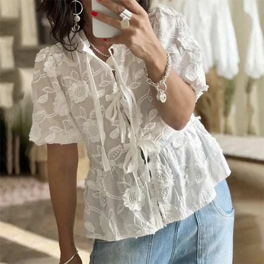 Lamuusaa Babydoll Tops Women y2k Clothes Floral Embroidery Round Neck Puff Short Sleeve Shirts Elegant White Blouses Streetwear