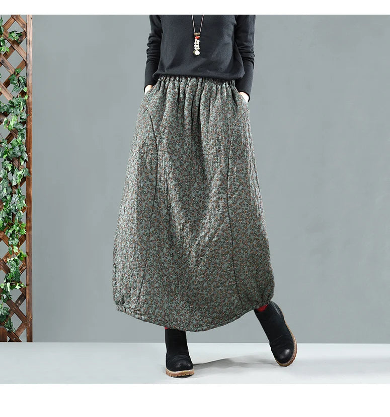 Careaymade New Autumn Winter Print Cotton Skirt Women Elastic Waist Thick Warm Long Skirts Female Loose Vintage Skirts