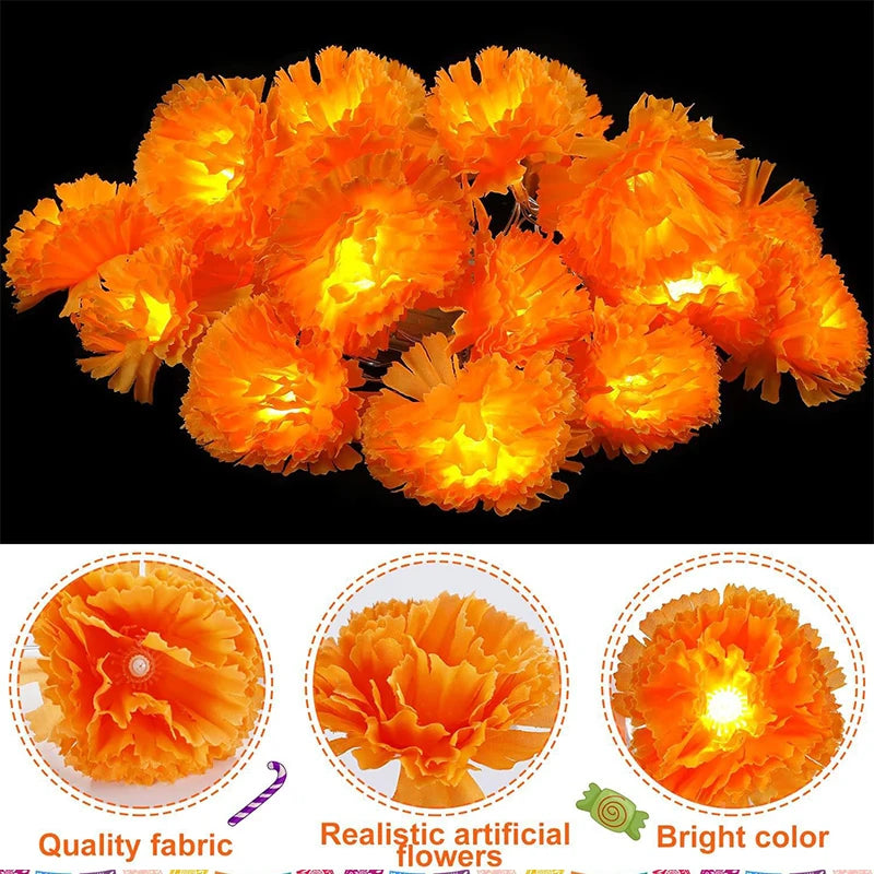 Mexican Marigold Artificial Flowers Day Of The Dead Diy Home Outdoor Decor Halloween Diwali Party 1.5m Garland String Lights