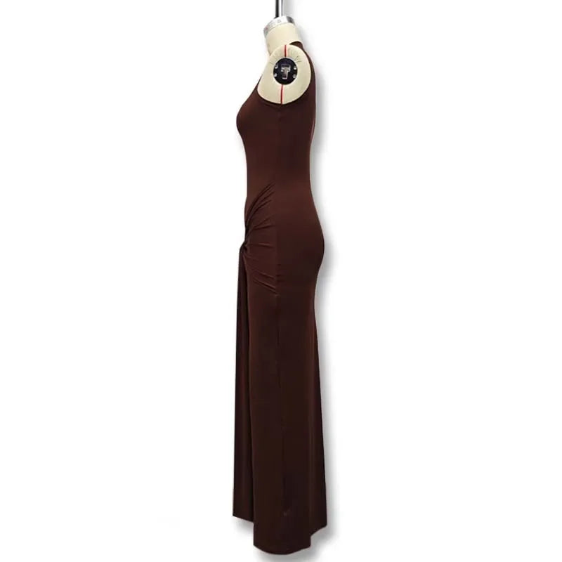 Slim Fit Wrap around Midriff Baring Sleeveless round Neck Dress for Women in Autumn And Winter Pure Color with Belt Detail