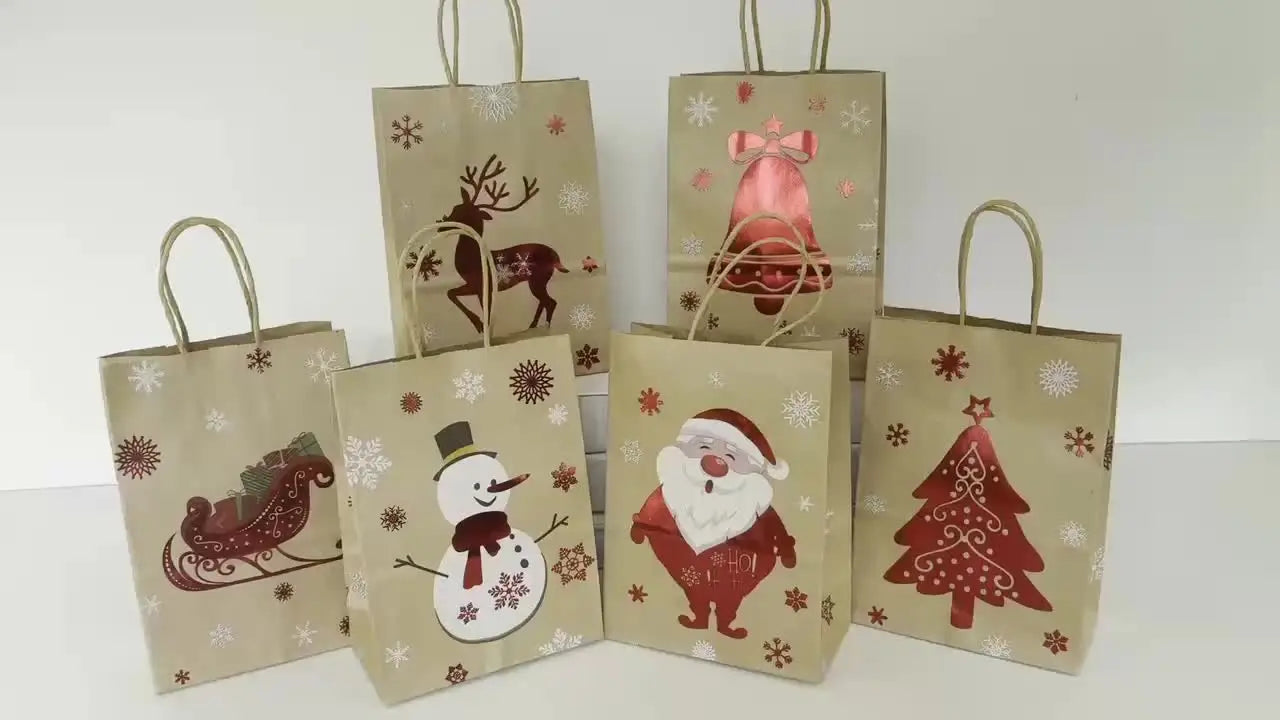 Festive Christmas Gift Bags - 20.5cm x 14.99cm x 7.98cm Brown Kraft Paper Tote Bags with Holiday Designs Christmas paper bag