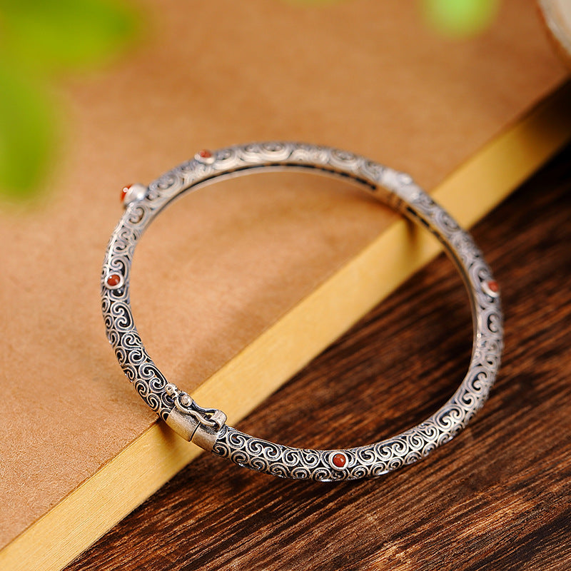 925 silver vintage ethnic style classic southern red tourmaline bracelet for women fine openwork bangles party jewelry