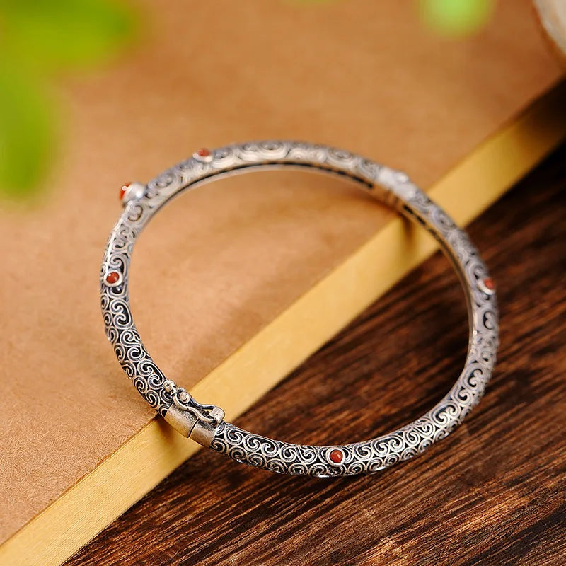 925 silver vintage ethnic style classic southern red tourmaline bracelet for women fine openwork bangles party jewelry