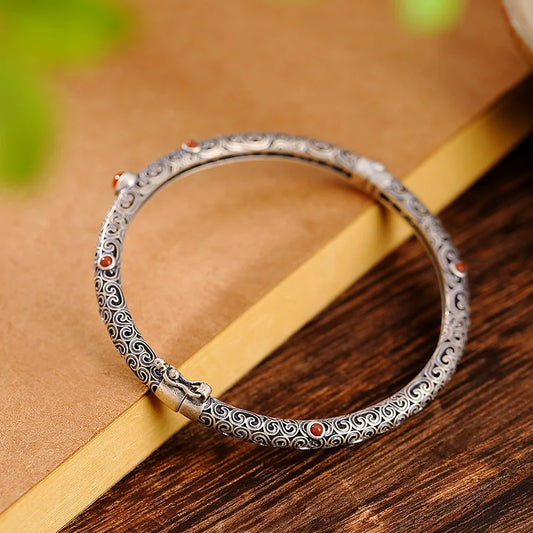 925 silver vintage ethnic style classic southern red tourmaline bracelet for women fine openwork bangles party jewelry