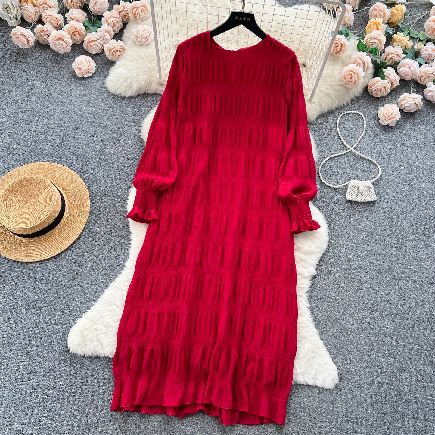 Autumn Vintage Women Draped Loose Midi Dress Elegant Round Collar Puff Long Sleeve Robe Casual Yellow/Burgundy/Green Vestido New