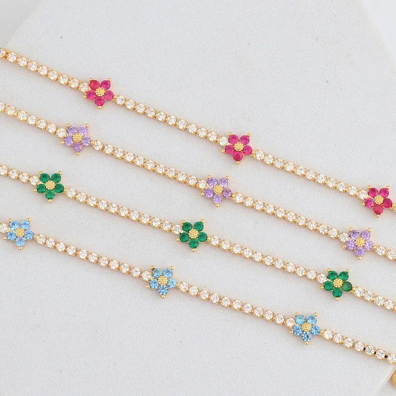 Luxury Rainbow CZ Flower Tennis Chain Bracelet For Women Girls Iced Out Bling CZ Paved Colorful Daisy Flower Bracelet