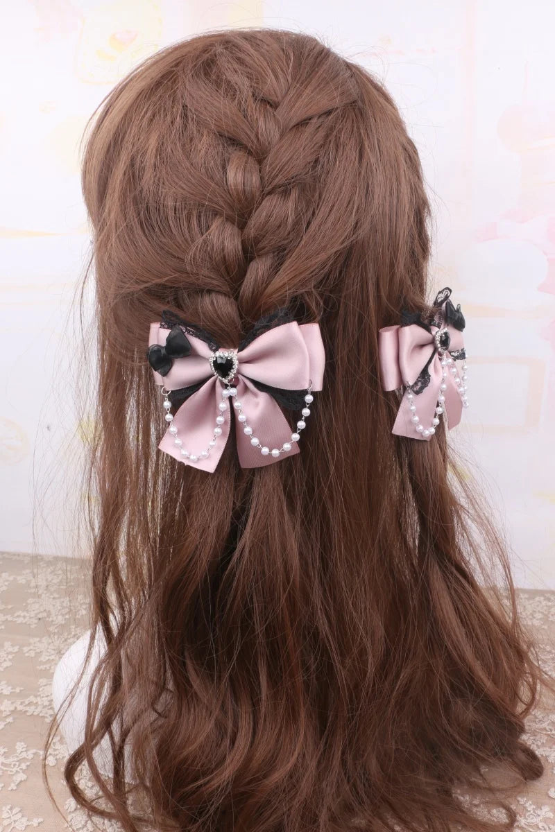 1 Pair Jirai Kei Bow Hair Accessories Women's Hairclips Sweet Y2K Lolita Bow Chic Chains Decor Women's Barrettes Hair Pin
