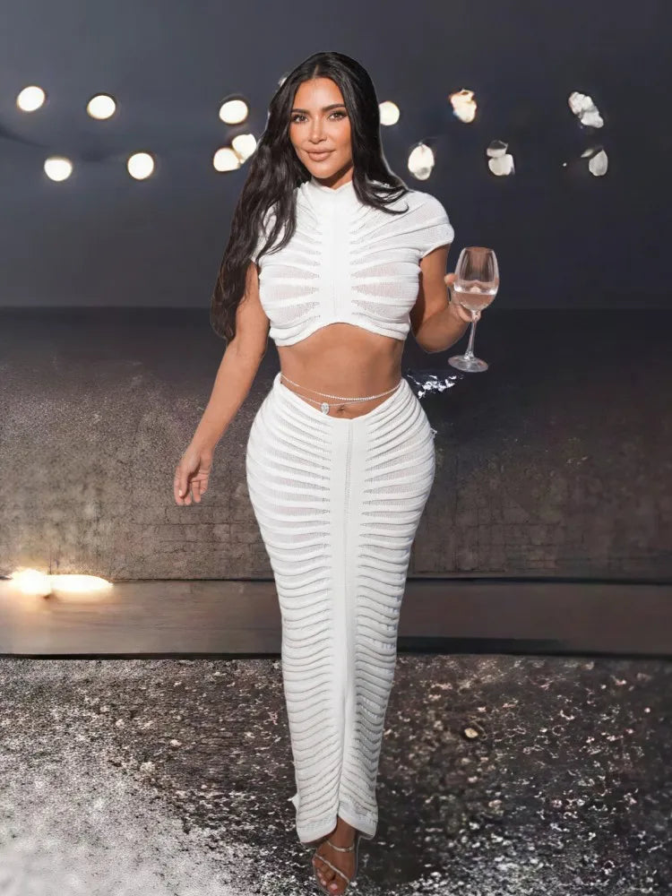 JRRY Sexy Women Knitted Set Crop Top Long Skirt Crochet Two Pieces Set Hollow Out Crocheted Beach Dress Set Cover Ups