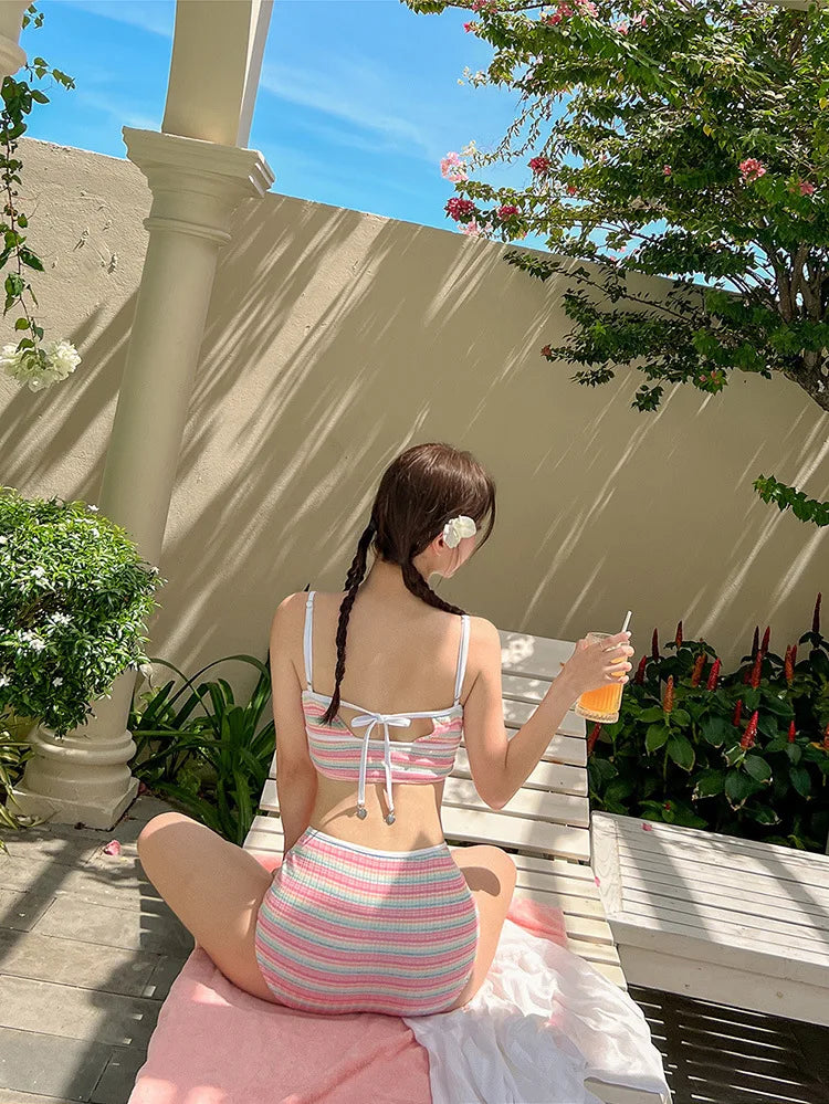 Sexy Stripe Bandeau Swimwear High Waist Bikini 2024 Women 3 Pack Swimsuits with Skirt Bathing Suit Korean Bikinis Set Beach Wear