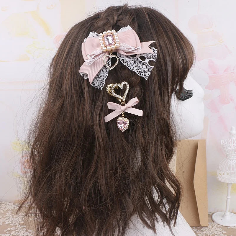 Jfashion Girl Lolita Hair Accessories Bow Loria Headdress Lace Bow Rhinestone Hair Clips Jirai Kei Vintage Doll-like Handmade