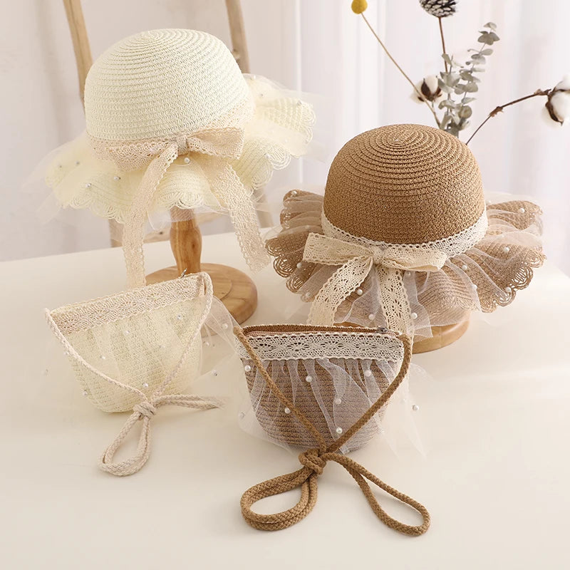 Kids Girls Wide Brim Straw Woven Cap Sun Protection Beach Hat Lace Pearl Summer Floppy Bucket Cap Portable Handbag панама