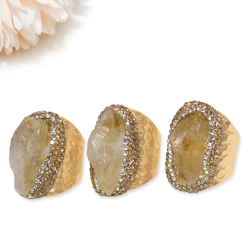 Irregular Citrine Open Ring for Women Micro Inlay Adjustable Reiki Natural Stone Finger Jewelry