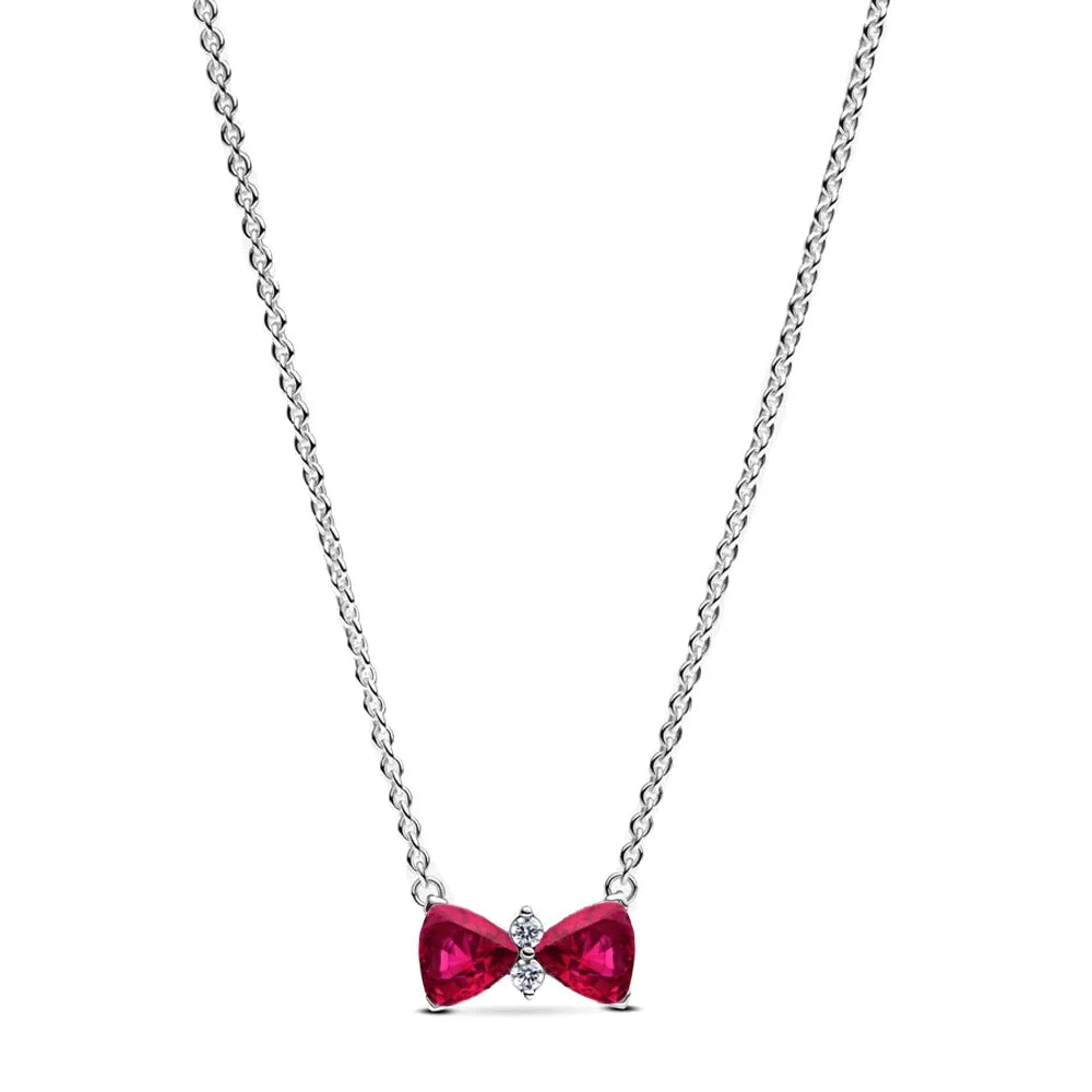 Hot Sale Original 925 Sterling Silver Colorful Bow Tie Necklace Red Heart Pendant Round Necklace Classic DIY Fine Christmas Gift