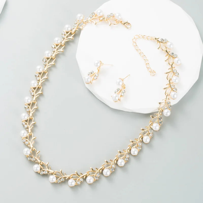 Classic Imitation Pearl Necklace Earring Bracelet for Women Kpop Fashion Gold Color Zircon Wedding Jewelry Sets Bride Accesories