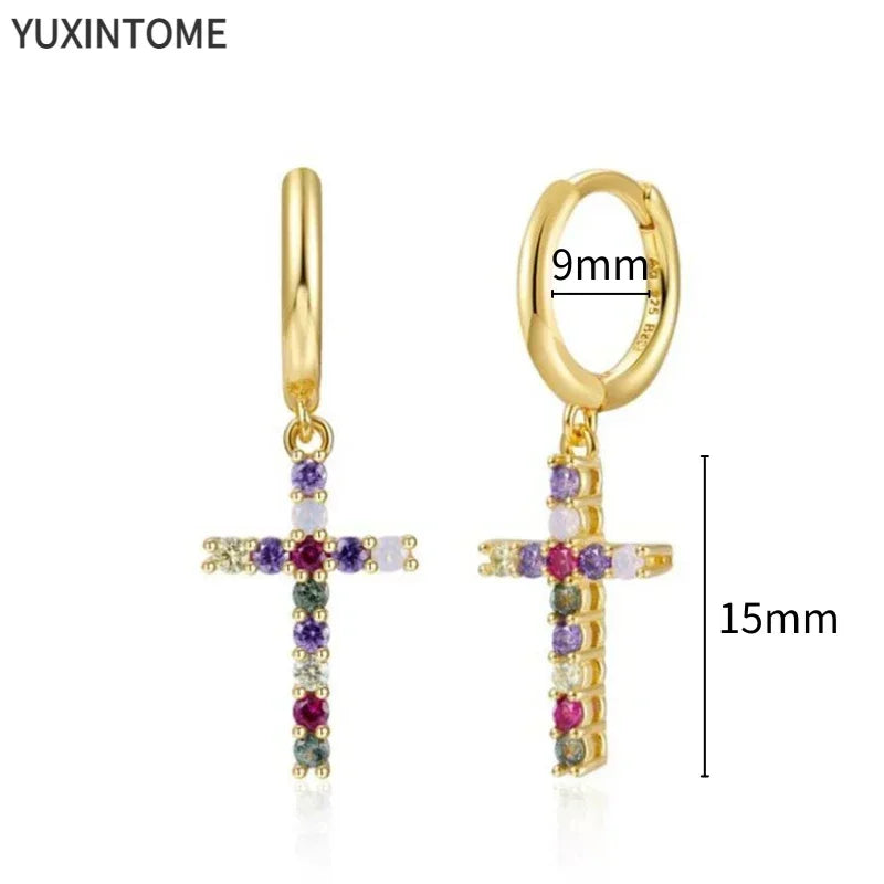 Colorful Crystal Earrings 925 Sterling Silver Ear Needle Stud Earrings for Women Cross Dangle Earrings Party Wedding Jewelry