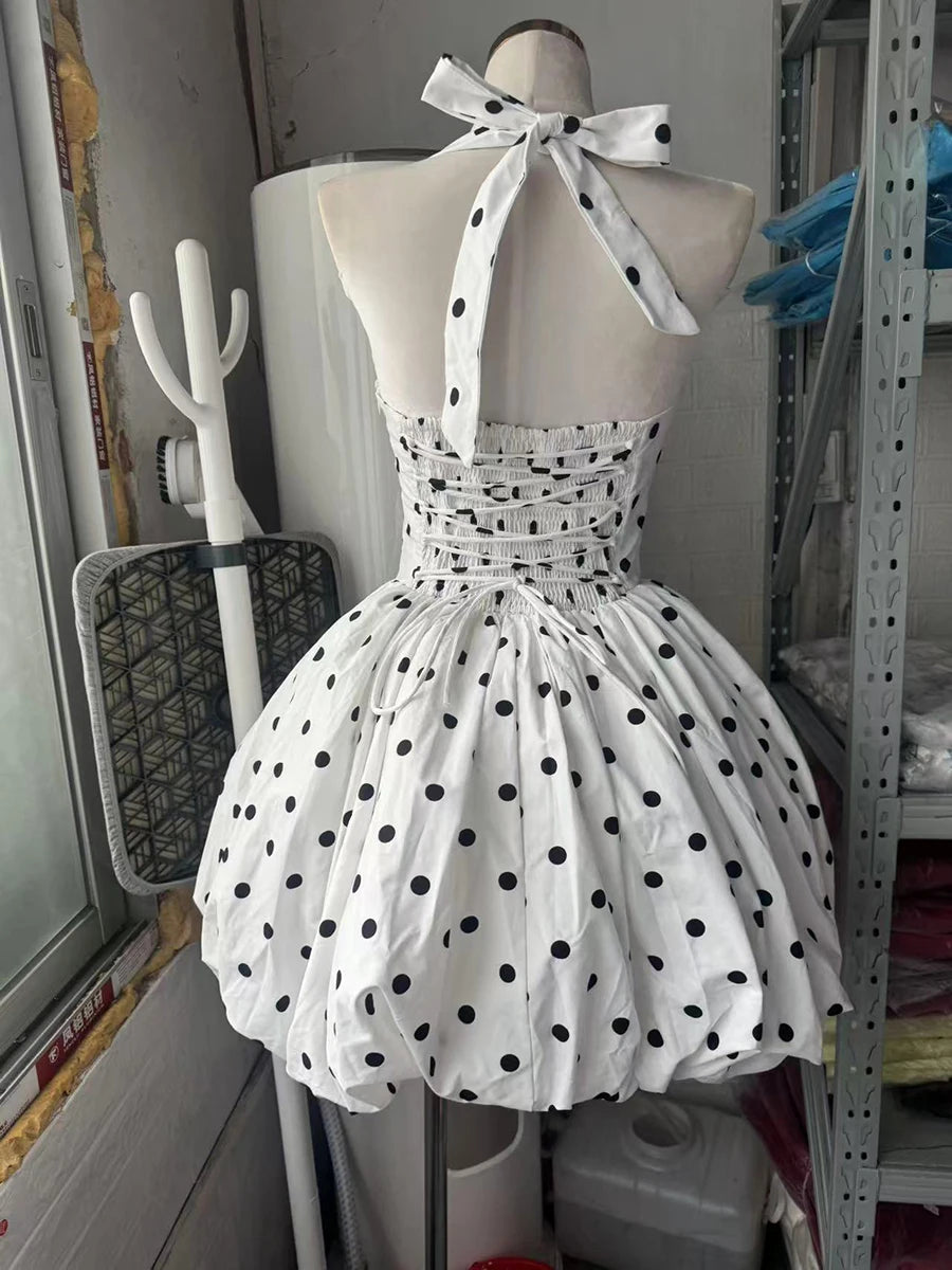 VGH Sexy Temperament Tunic Ball Gown for Women Halter Sleeveless Patchwork Lace Up Short Prom Dresses Female Clothing Fashion