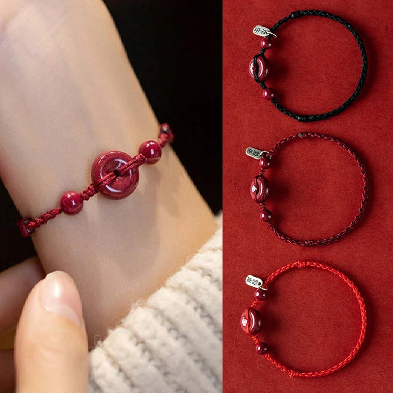 Handmade Lucky Cinnabar Red Gold Color Ping Buckle Beads Natural Stone Lotus Bracelet for Women Bracelet Party Jewelry Gift