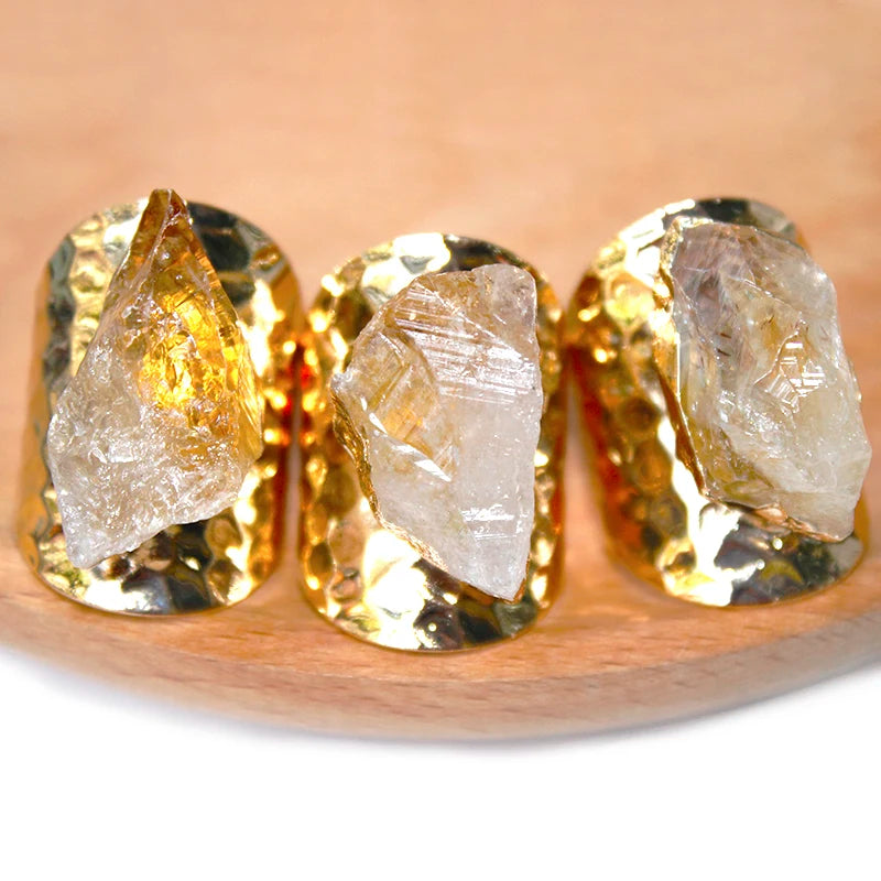 Irregular Raw Citrine Wide Open Rings for Women Gold-color Genuine Stone Adjustable Finger Jewelry