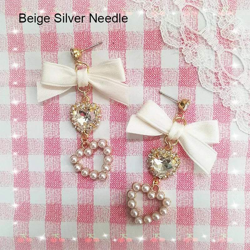 Lolita  Earrings Accessories for Women Lo Style Kawaii Bow Heart Earrings Clip/Needle Cute Women's Rhinestone Pearl