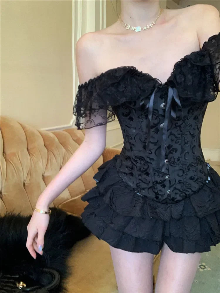 Palace Style Black Fashion Two Piece Sets Women Off Shoulder Lace Up Corset Shirt&Mini Cake Skirt 2025 New Summer 2 Piece Sets