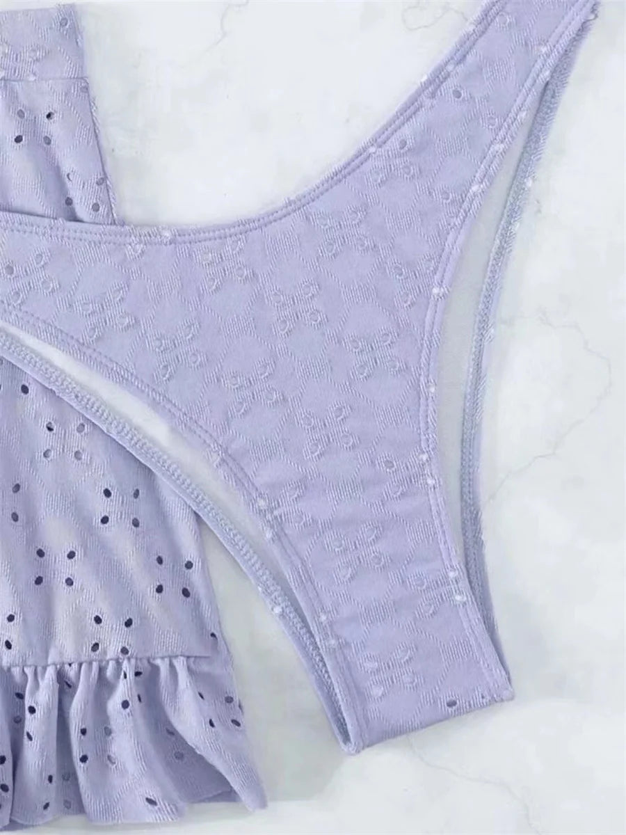 Sexy White 3 Piece Bikinis Set 2025 Women Halter Cut Out Tie Up Ruffles Push Up Skirt Swimsuit Bathing Suit High Waist Swimwear