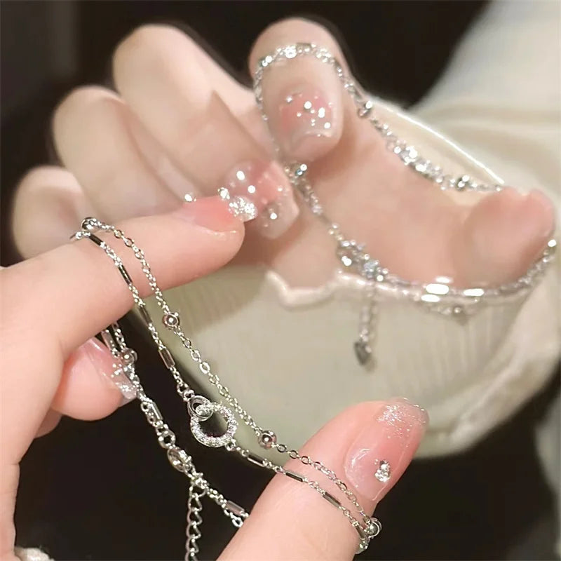 Titanium Steel Silver Color Geometric Bracelet For Women Girl Fashion Holiday Gift Double-deck Bow Wrist Chain Jewelry Pulsera