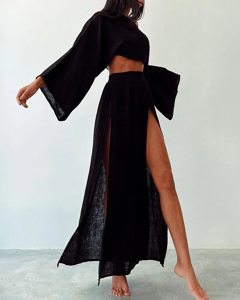 2 Pcs/Set Women Crop Top Skirt Sets Long Sleeve Top High Waist Split Skirts Suit Beach Bikini Coverup Lady Elegant Party Outfit