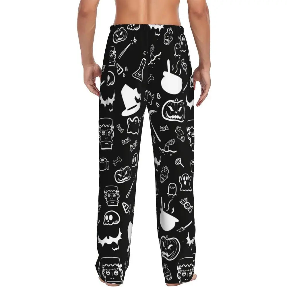 Custom Cute Spooky Halloween Bats Black And Purple Pajama Pants for Men Lounge Sleep Drawstring Sleepwear Bottoms with Pockets