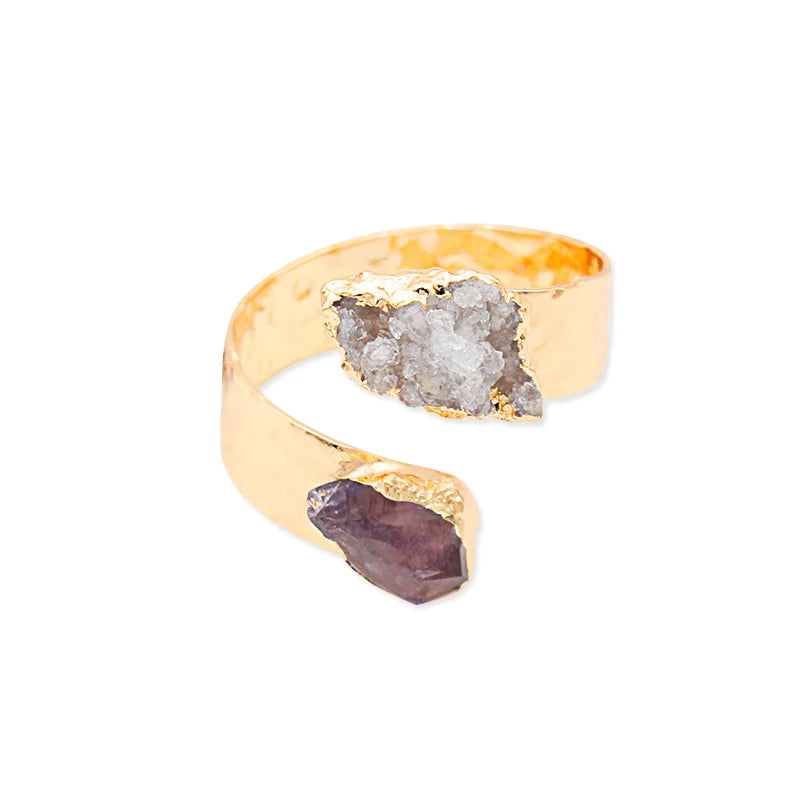 Irregular Raw Crystal Quartz Open Ring for Women Girls Gold-color Boho Amethyst Finger Jewelry Resizable