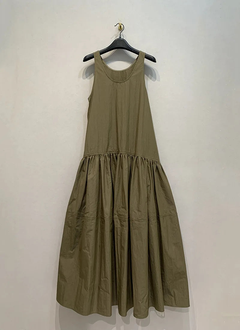 Kuzuwata New Sleeveless Collarless Slim Fit Dress Loose Big Swing Waist Casual Simple Robe Japan Fashion Lazy Ruched Vestidos