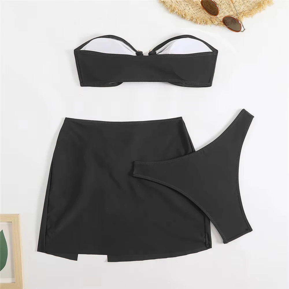 Metal Ring Sexy Swimsuit Cover Ups Bandeau Bikinis Sets 3 Pieces Solid Black Swimwear Women 2025 High Cut Bather Bikini Donna