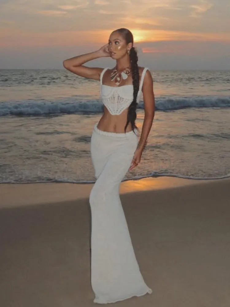 BKQU Crochet Knit Skirts Set Women Sexy Hollow Out Lace Up Crop Tops Hip Package Split Long Skirt Elegant 2 Pieces Beach Outfits